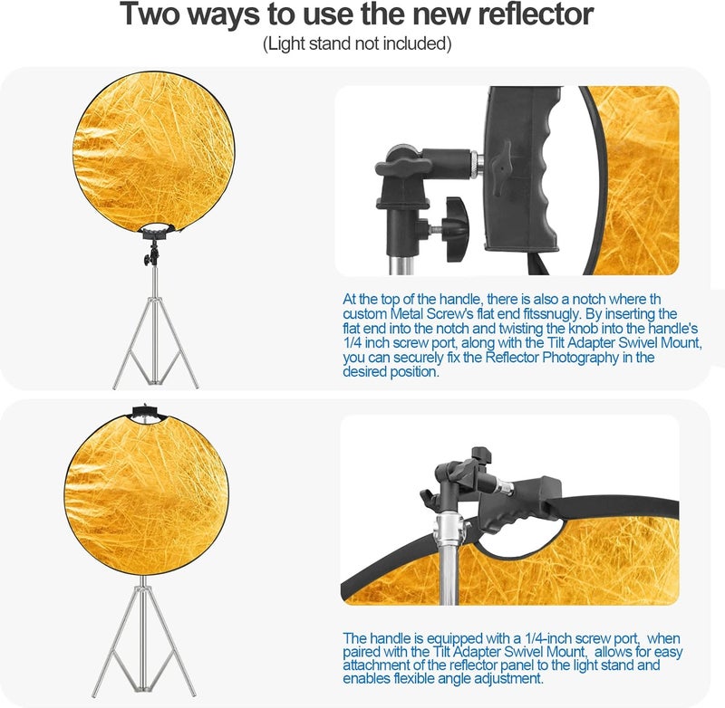 Wellmaking 32 Inch (80cm) Reflector Photography, Collapsible Light Reflector with Threaded Handle & tilt Adapter, 5 in 1 Handle Reflector for Lighting -Translucent, Silver, Gold, White and Black - Image 3